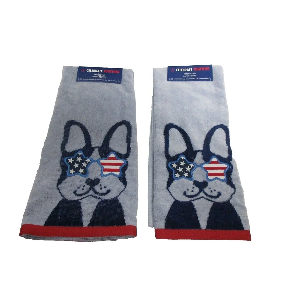 Set of 2 Americana Patriotic Dog Hand Towels Boston Terrier Stars & Stripes Kitc